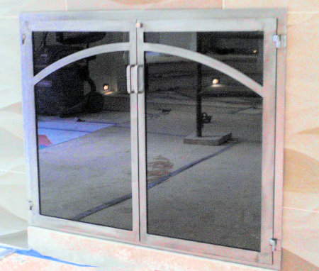 316 Horizon fireplace doors, raw stainless finish twin doors, smoked glass